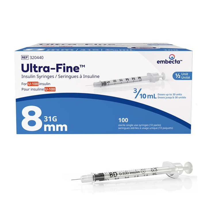 Embecta Ultra File Syringes BD Embecta Ultra-Fine™ Insulin Syringes 3/10cc 31G 8mm 320440 100/Box ...